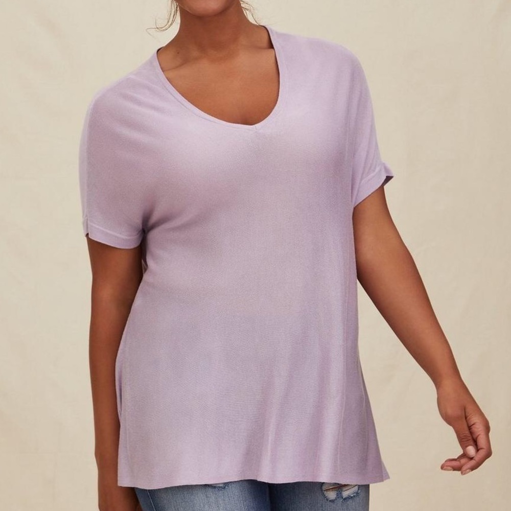 Torrid 0 US L/12 Lavender Sheer Knit Pullover V-Neck Short Sleeve Caftan Sweater